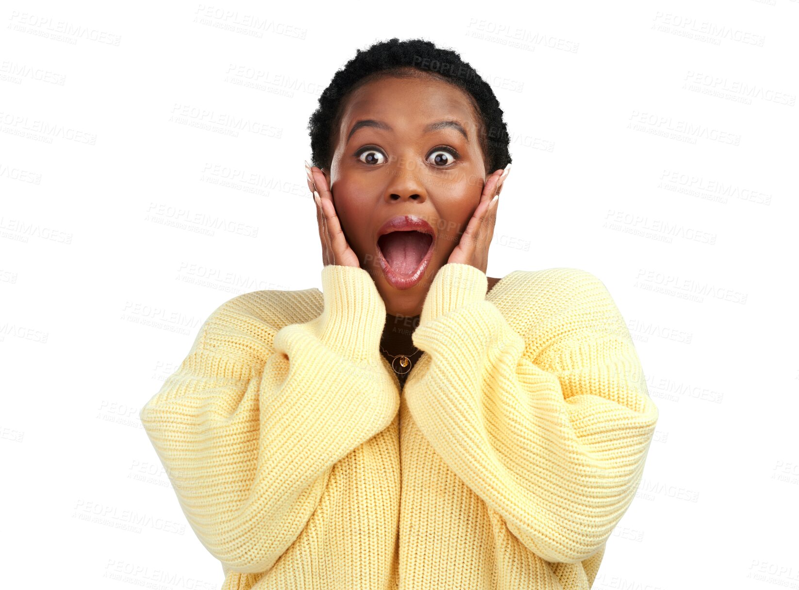 Buy stock photo Black woman, portrait and surprise for winning or good news isolated on a transparent PNG background. Surprised and excited African female person in shock for lottery win, victory bonus or promotion