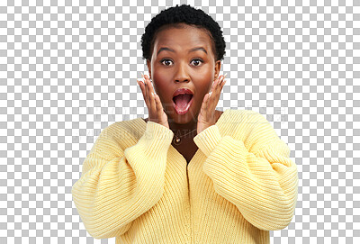 Buy stock photo Portrait, surprise and black woman excited, wow and girl isolated against a transparent background. Face, female person or model with shock, omg or facial expression with png, winning and achievement