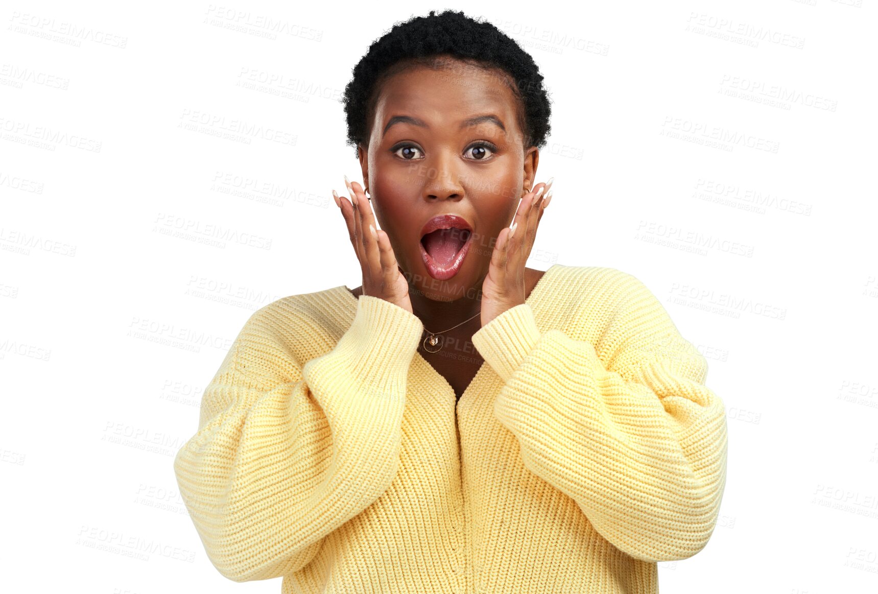 Buy stock photo Portrait, surprise and black woman excited, wow and girl isolated against a transparent background. Face, female person or model with shock, omg or facial expression with png, winning and achievement