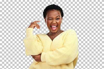 Buy stock photo Woman, wink portrait and smile with modern fashion isolated on a transparent, png background. Young, African female person face and happy with style clothes, confidence and excited with joy 