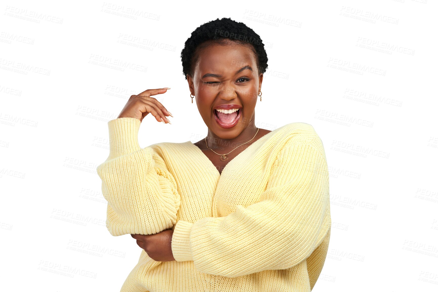 Buy stock photo Woman, wink portrait and smile with modern fashion isolated on a transparent, png background. Young, African female person face and happy with style clothes, confidence and excited with joy 