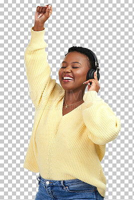 Buy stock photo Black woman, headphones and listening to music dancing isolated on a transparent PNG background. Excited African female person with smile enjoying dance to audio, sound track or songs on headset