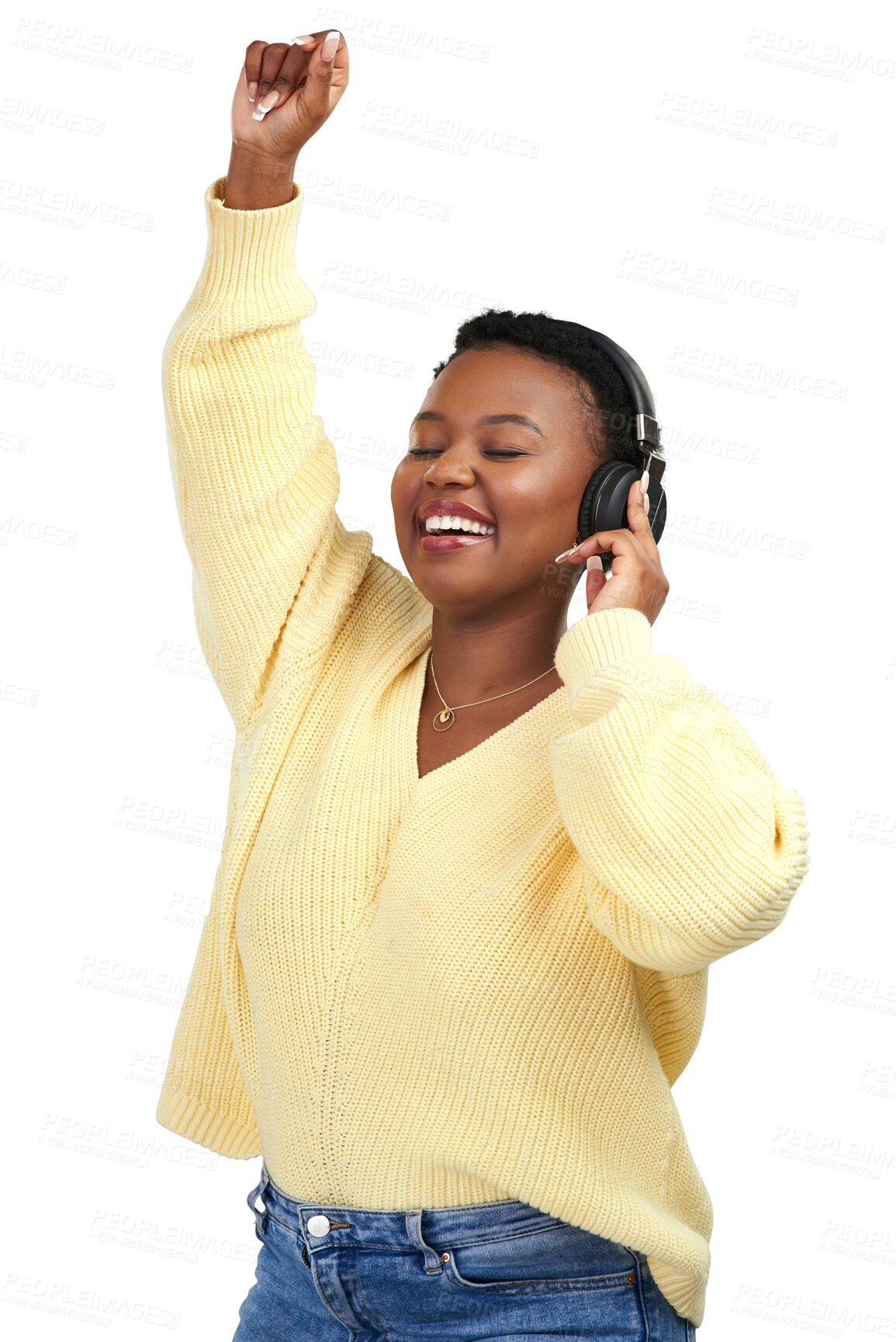 Buy stock photo Black woman, headphones and listening to music dancing isolated on a transparent PNG background. Excited African female person with smile enjoying dance to audio, sound track or songs on headset