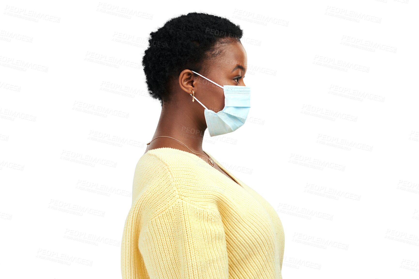 Buy stock photo Health, surgical mask and black woman with safety, sick and girl isolated on a transparent background. Female person, lady and model with a face cover, medical and protection with regulations and png