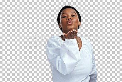 Buy stock photo Portrait, smile and black woman blowing kiss, romance and girl isolated against a transparent background. Face, female person and model with happiness, romantic and flirty gesture with png and love