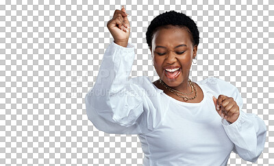 Buy stock photo Happy black woman, dancing and celebration for winning in success isolated on a transparent PNG background. Excited African female person in dance to celebrate for win, achievement or bonus promotion