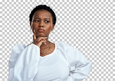 Buy stock photo Thinking, confused and black woman with doubt, stress and model isolated on a transparent background. Female person, girl or solution with png, frustrated or problem solving with a question or choice