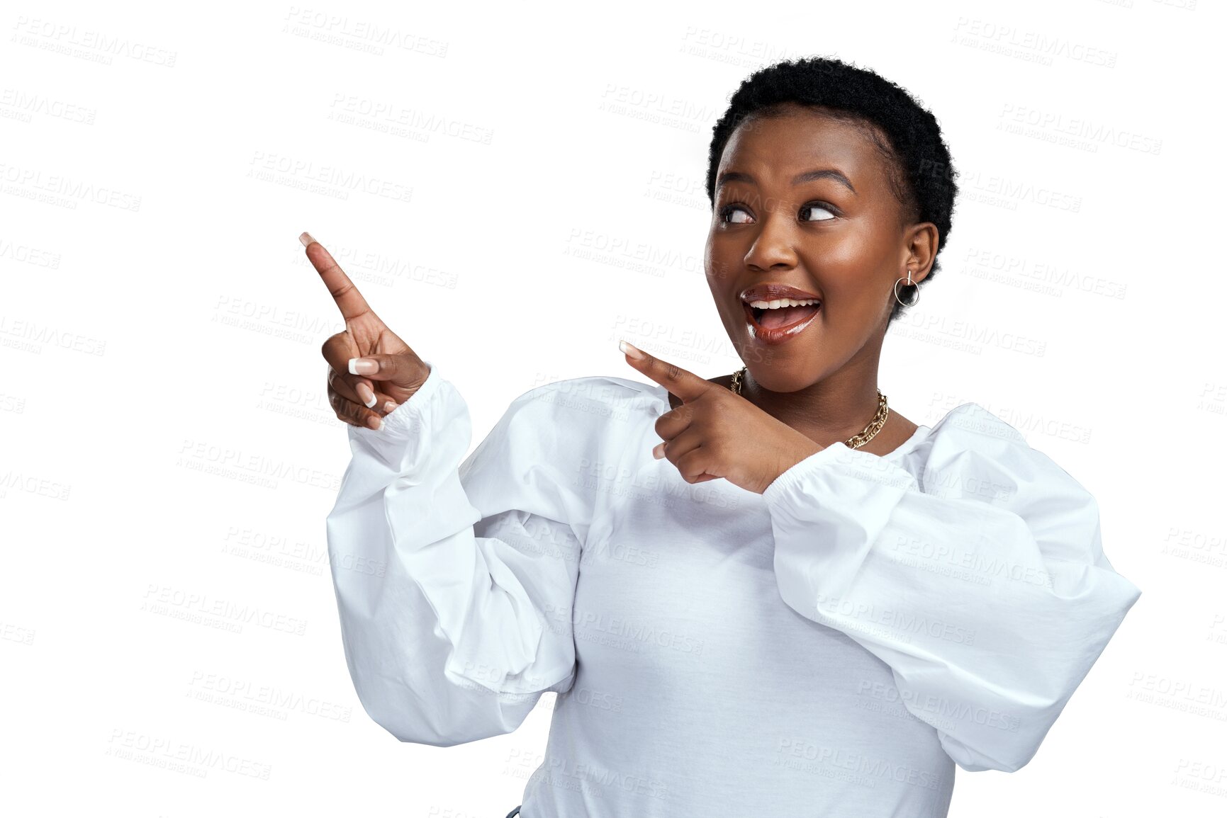 Buy stock photo Woman, happy and hand pointing to announcement, promo and sale feeling excited. African female person, advertising and smile isolated on transparent, png background with hand sign to sale and choice