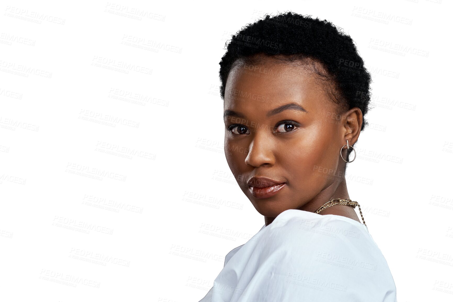 Buy stock photo Face, serious and black woman entrepreneur with focus on a goal isolated in a transparent or png background. Beauty, portrait and young African female person with a pride or business mindset