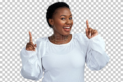 Buy stock photo Happy woman, pointing up portrait and smile for advertising, promo suggestion and sale. African female person, young and sale choice isolated on transparent, png background showing deal announcement