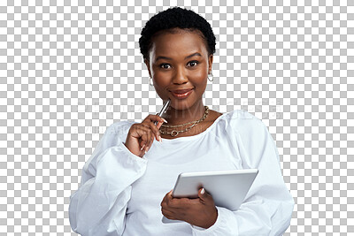 Buy stock photo Black woman, portrait and digital tablet for web design and inspiration on tech. African female, planning and isolated on a transparent, png background online on a social media app with creative idea