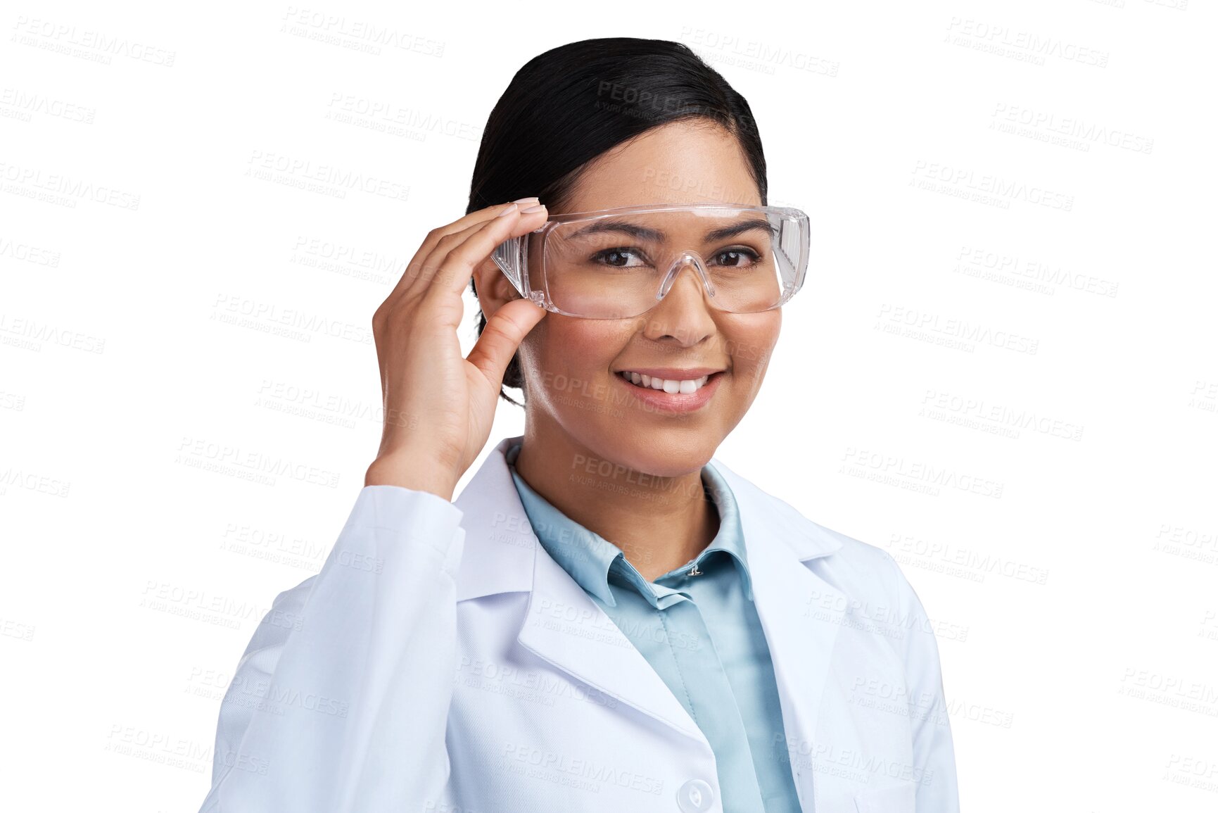 Buy stock photo Portrait, science and woman with goggles, safety or employee isolated against a transparent background. Face, female person or researcher with eyewear, clear vision or protection with png and expert