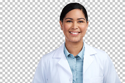 Buy stock photo Medical, happy and doctor with portrait of woman on transparent background for expert, science and medicine. Pharmacy, healthcare and professional with face of person isolated on png for physician