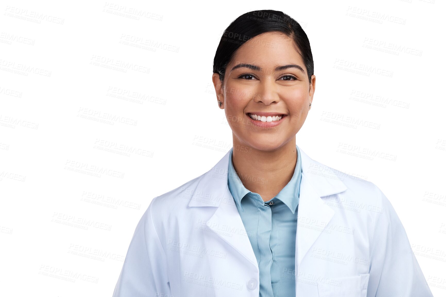 Buy stock photo Medical, happy and doctor with portrait of woman on transparent background for expert, science and medicine. Pharmacy, healthcare and professional with face of person isolated on png for physician