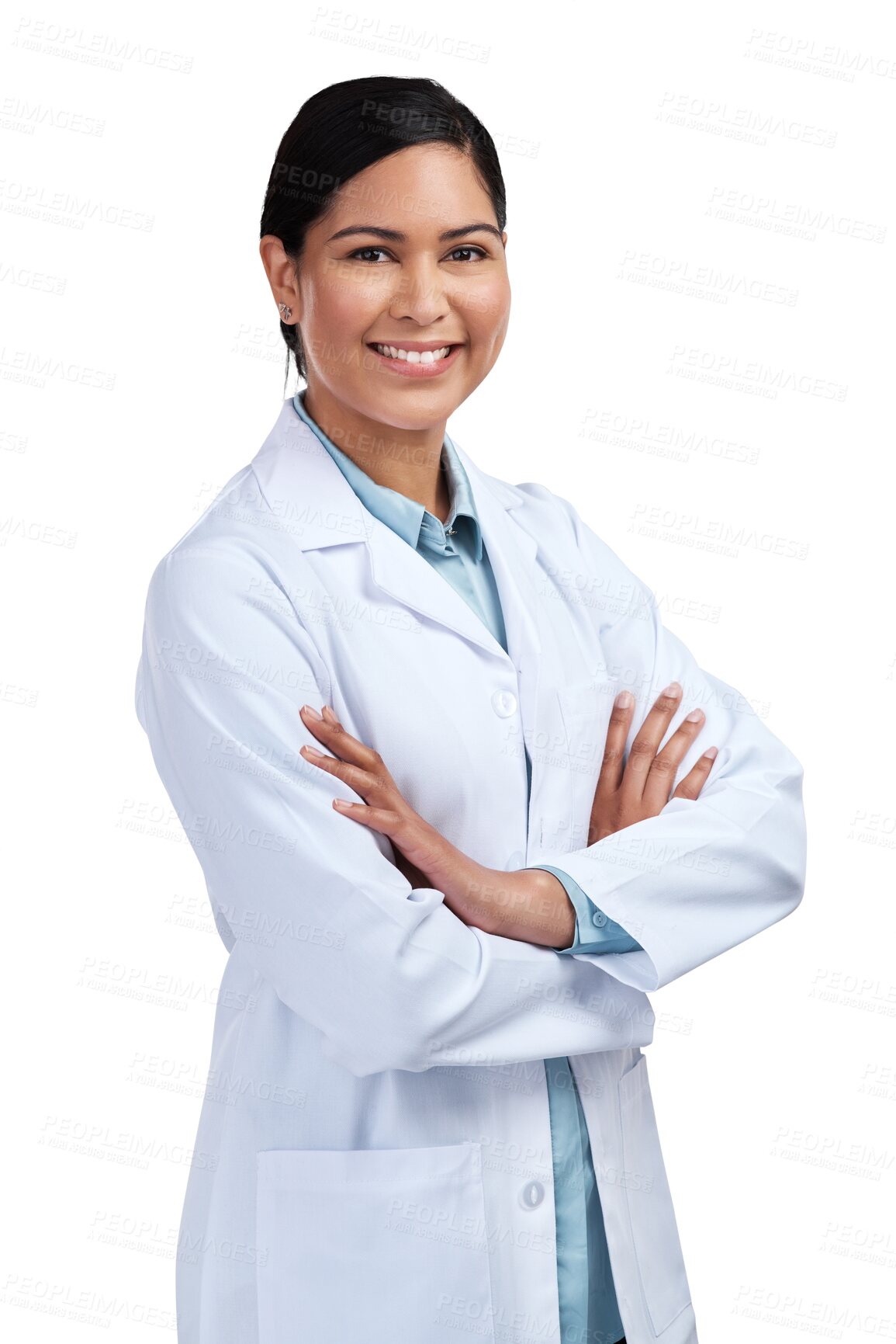 Buy stock photo Portrait, medical and woman with arms crossed, research and scientist isolated against a transparent background. Female person, employee or researcher with confidence, professional or career with png