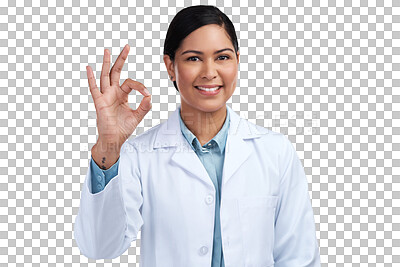 Buy stock photo Perfect, woman and happy doctor with okay sign due to healthcare success isolated in a transparent or png background. Medical, worker and portrait of professional with ok hand gesture or symbol