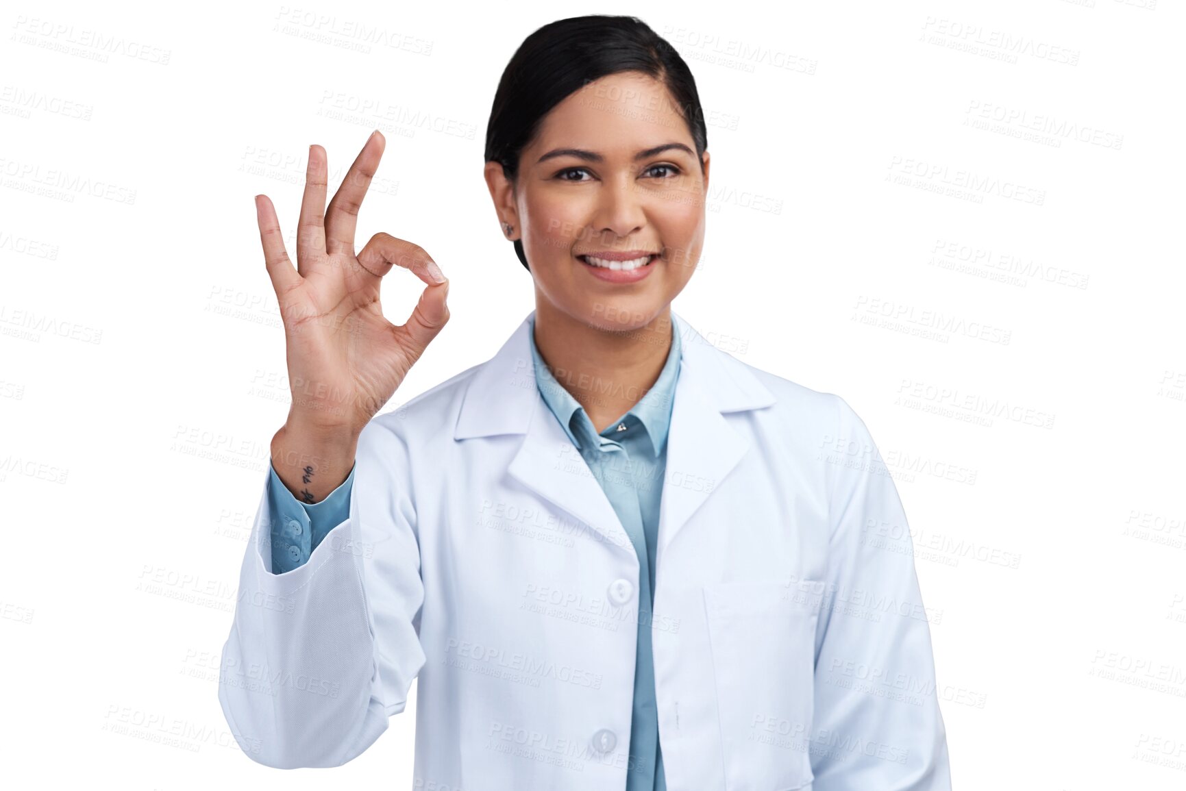 Buy stock photo Perfect, woman and happy doctor with okay sign due to healthcare success isolated in a transparent or png background. Medical, worker and portrait of professional with ok hand gesture or symbol