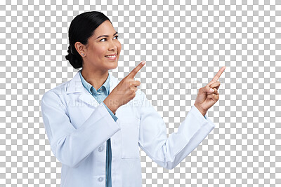 Buy stock photo Science, medical and woman with research, pointing and model isolated on a transparent background. Female person, employee and scientist with hand gesture, presentation and health with png or career