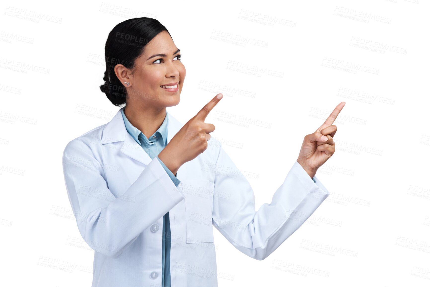 Buy stock photo Science, medical and woman with research, pointing and model isolated on a transparent background. Female person, employee and scientist with hand gesture, presentation and health with png or career