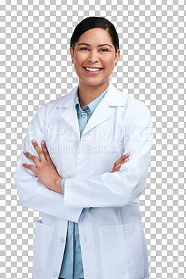 Buy stock photo Portrait, science and woman with her arms crossed, medical and employee isolated on a transparent background. Female person, researcher or scientist with confidence, png and healthcare professional