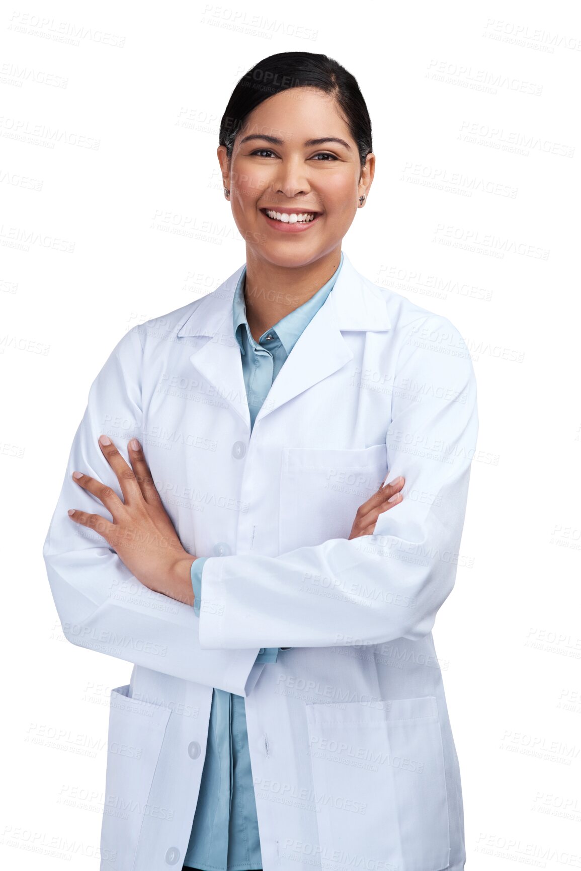 Buy stock photo Portrait, science and woman with her arms crossed, medical and employee isolated on a transparent background. Female person, researcher or scientist with confidence, png and healthcare professional