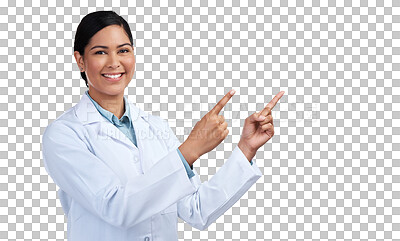 Buy stock photo Portrait, pointing and woman with research, medical and scientist isolated against a transparent background. Female person, researcher or employee with hand gesture, png or announcement with decision