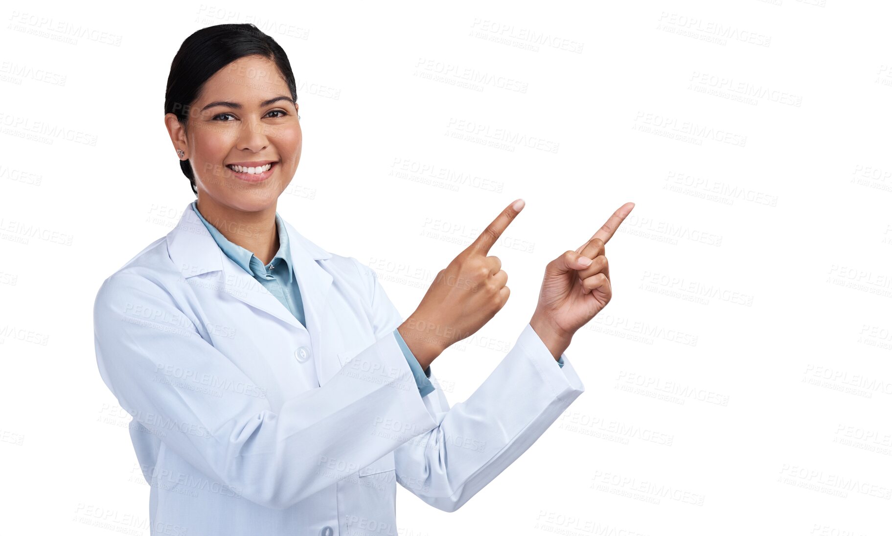 Buy stock photo Portrait, pointing and woman with research, medical and scientist isolated against a transparent background. Female person, researcher or employee with hand gesture, png or announcement with decision