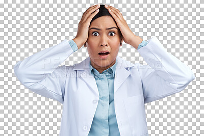 Buy stock photo Woman, pharmacist and portrait in anxiety, shock or stress standing isolated on a transparent PNG background. Face of anxious, surprised or shocked female person, medical or reaction in healthcare