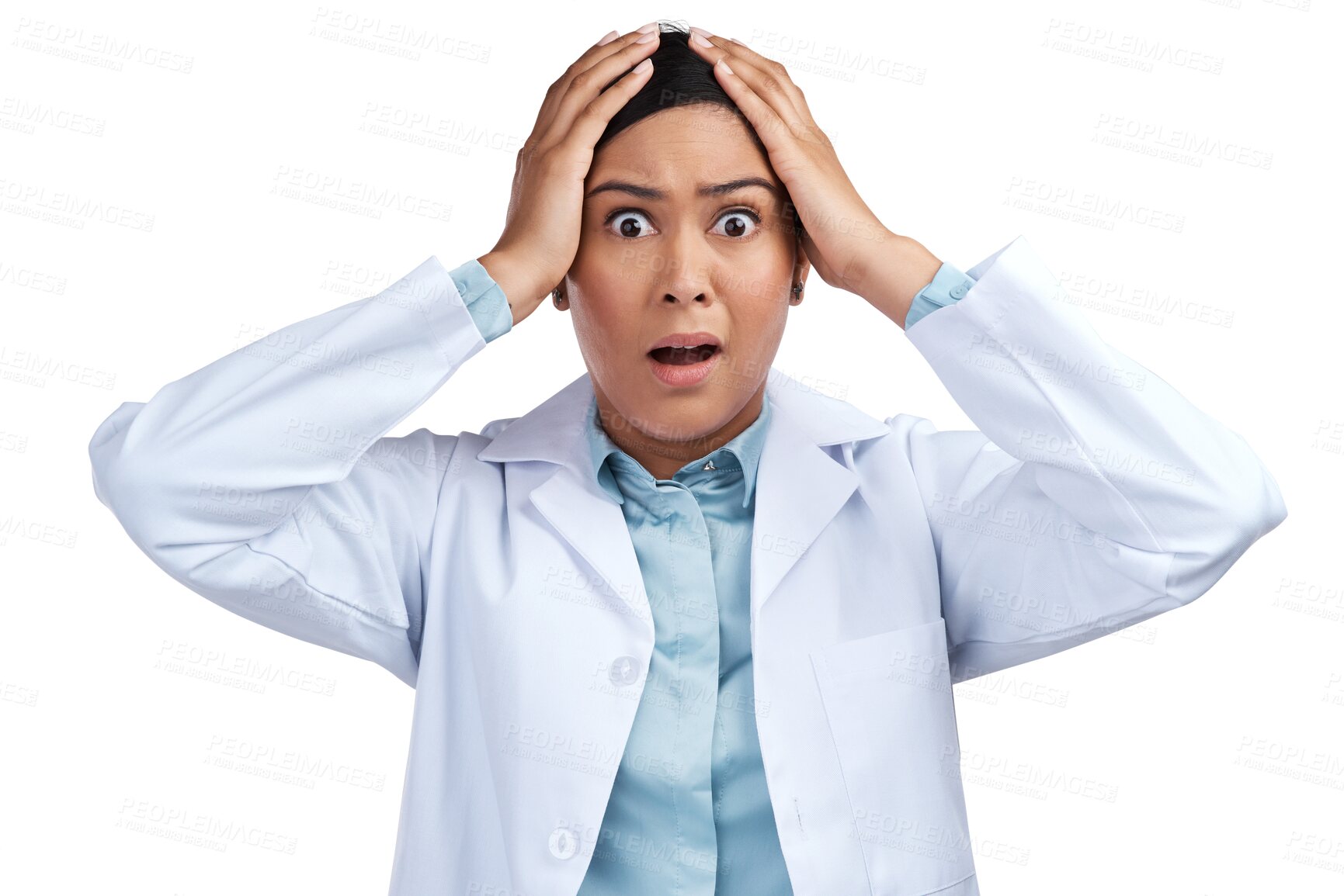 Buy stock photo Woman, pharmacist and portrait in anxiety, shock or stress standing isolated on a transparent PNG background. Face of anxious, surprised or shocked female person, medical or reaction in healthcare