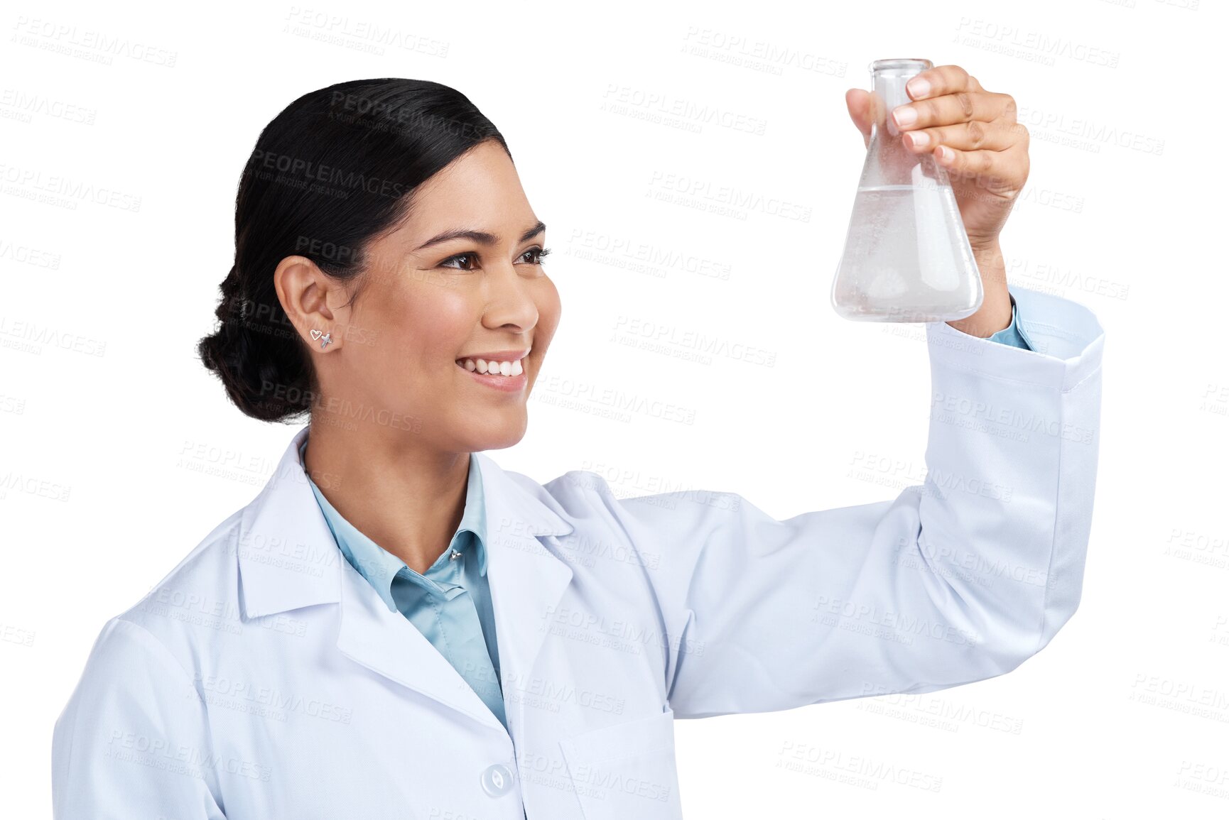 Buy stock photo Science, research and pharmacy with woman and beaker on transparent background for medicine, medical or future. Expert, chemical and healthcare with scientist isolated on png for vaccine and sample
