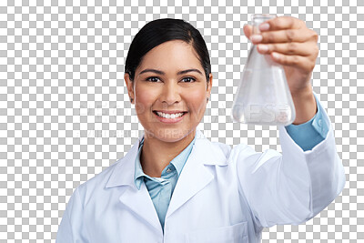 Buy stock photo Science, portrait and medical with woman and beaker on transparent background for medicine, pharmacy or research. Expert, chemical and healthcare with scientist isolated on png for vaccine and sample