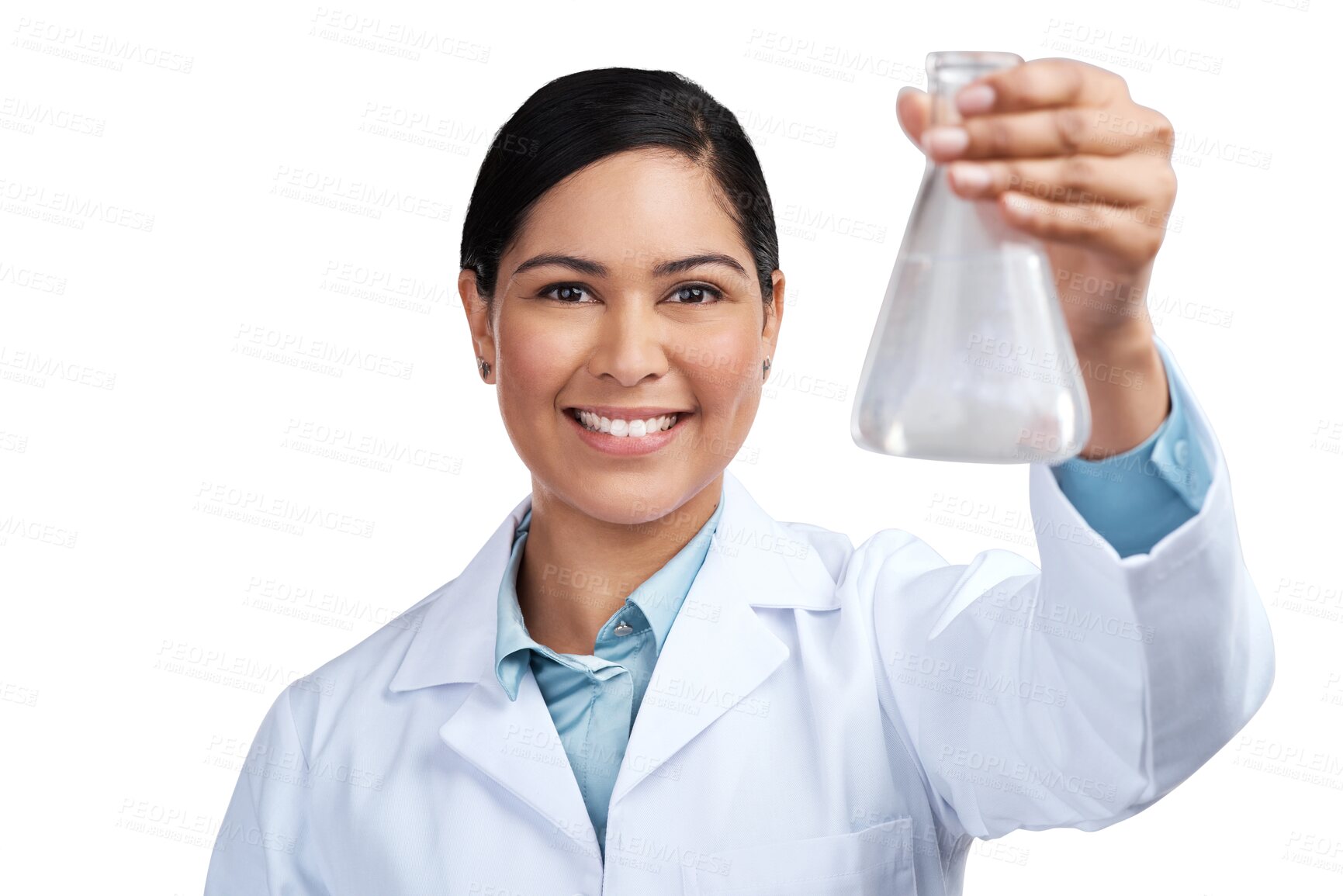 Buy stock photo Science, portrait and medical with woman and beaker on transparent background for medicine, pharmacy or research. Expert, chemical and healthcare with scientist isolated on png for vaccine and sample