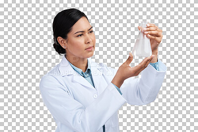 Buy stock photo Science, thinking and medical with woman and beaker on transparent background for medicine, pharmacy or research. Expert, chemical and healthcare with scientist isolated on png for vaccine and sample