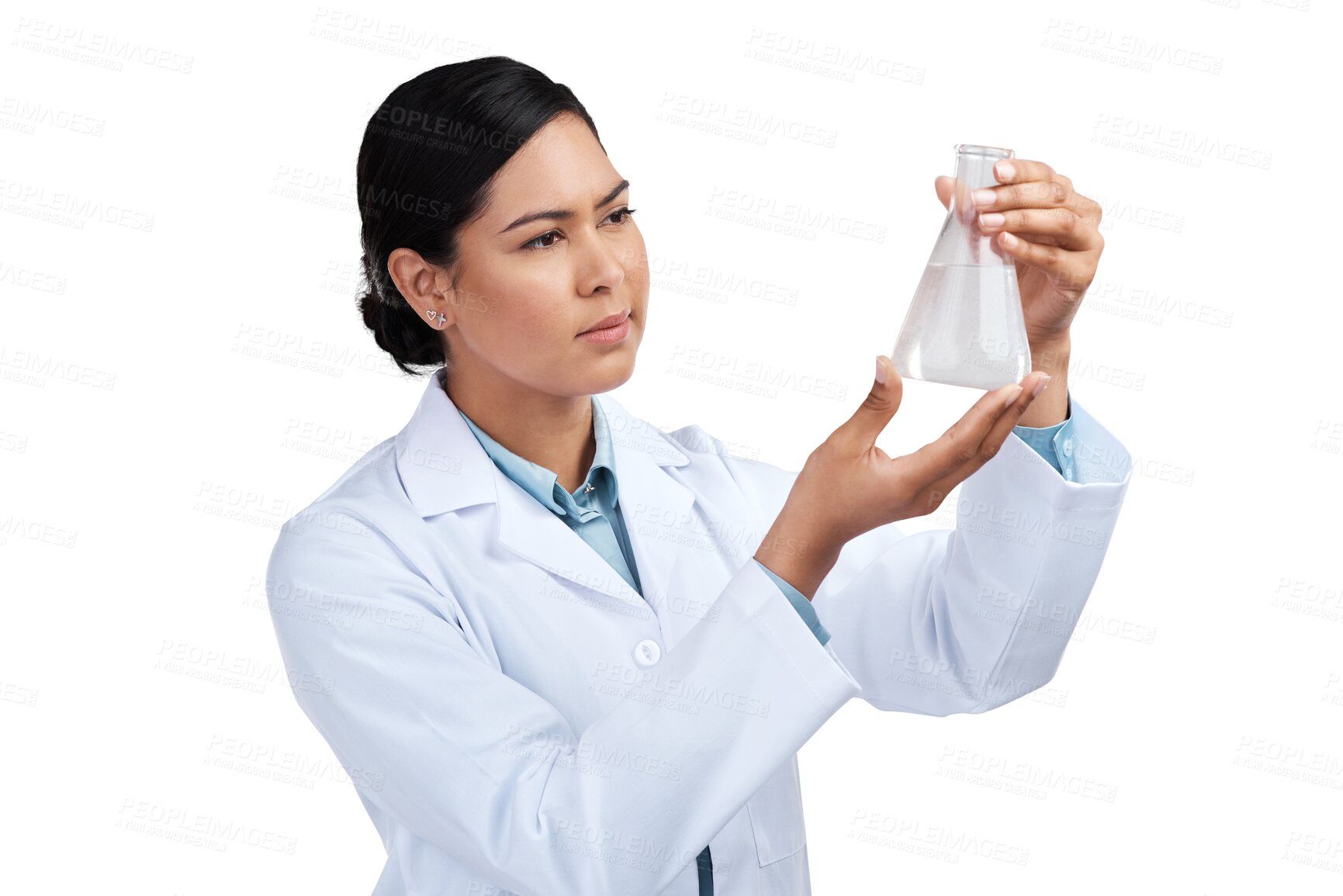 Buy stock photo Science, thinking and medical with woman and beaker on transparent background for medicine, pharmacy or research. Expert, chemical and healthcare with scientist isolated on png for vaccine and sample