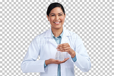 Buy stock photo Science, smile and portrait with woman and beaker on transparent background for medicine, pharmacy or medical. Expert, chemical and healthcare with scientist isolated on png for vaccine and research