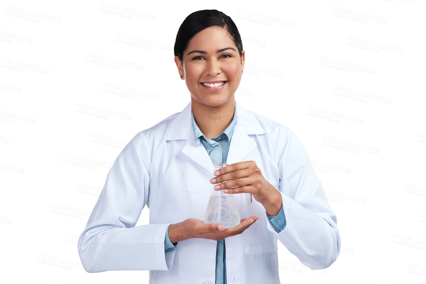 Buy stock photo Science, smile and portrait with woman and beaker on transparent background for medicine, pharmacy or medical. Expert, chemical and healthcare with scientist isolated on png for vaccine and research