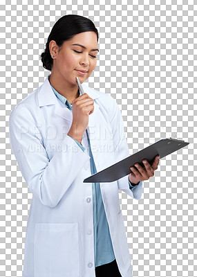 Buy stock photo Woman, pharmacist and thinking with clipboard in healthcare isolated on a transparent PNG background. Thoughtful female person or medical professional in think, decision or planning for prescription