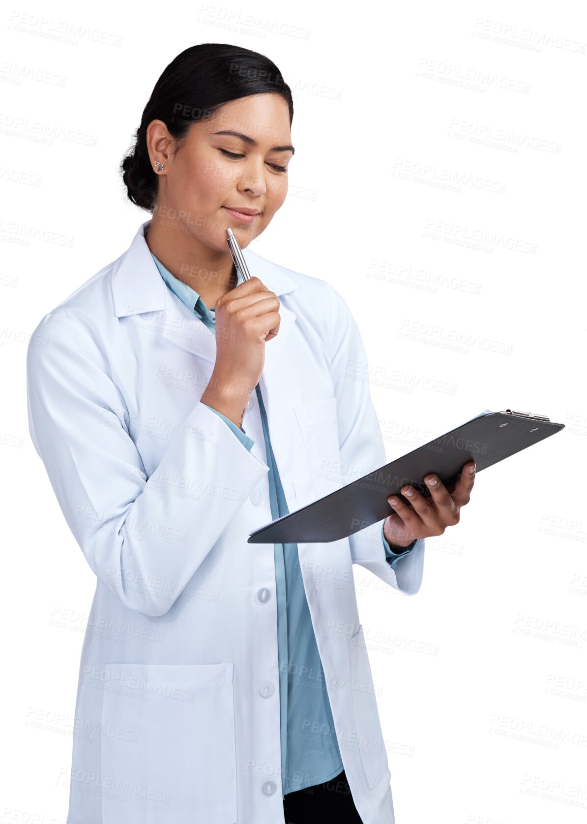 Buy stock photo Woman, pharmacist and thinking with clipboard in healthcare isolated on a transparent PNG background. Thoughtful female person or medical professional in think, decision or planning for prescription