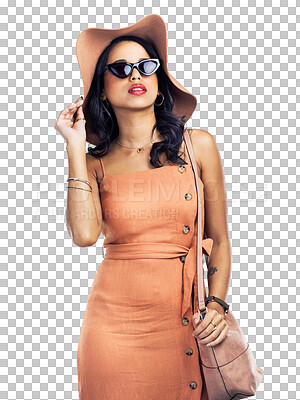 Buy stock photo Portrait, fashion or woman with beauty, sunglasses or confidence isolated on transparent png background. Confident, proud or face of a girl with a stylish outfit, cool hat or trendy aesthetic clothes