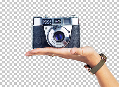 Buy stock photo Woman, hands and camera for photographer, picture or photo isolated on a transparent PNG background. Hand of creative female person holding DSLR lens for memory, travel or sightseeing photography