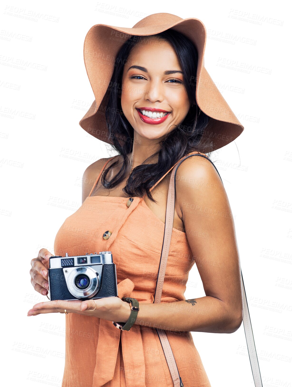 Buy stock photo Travel, portrait or happy woman with camera on holiday, vacation or weekend trip with confidence. Photography, smile or girl photographer on tourism adventure isolated on transparent png background