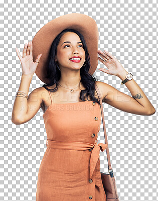 Buy stock photo Happy, fashion or woman thinking of beauty, glamour or confidence isolated on transparent png background. Wonder, smile or face of girl with a cool stylish outfit, hat or trendy aesthetic clothes