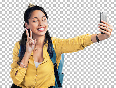 Buy stock photo Travel, peace sign or happy girl taking selfie on holiday, fun vacation or weekend trip with confidence. Photo, excited or woman taking pictures on an adventure isolated on transparent png background