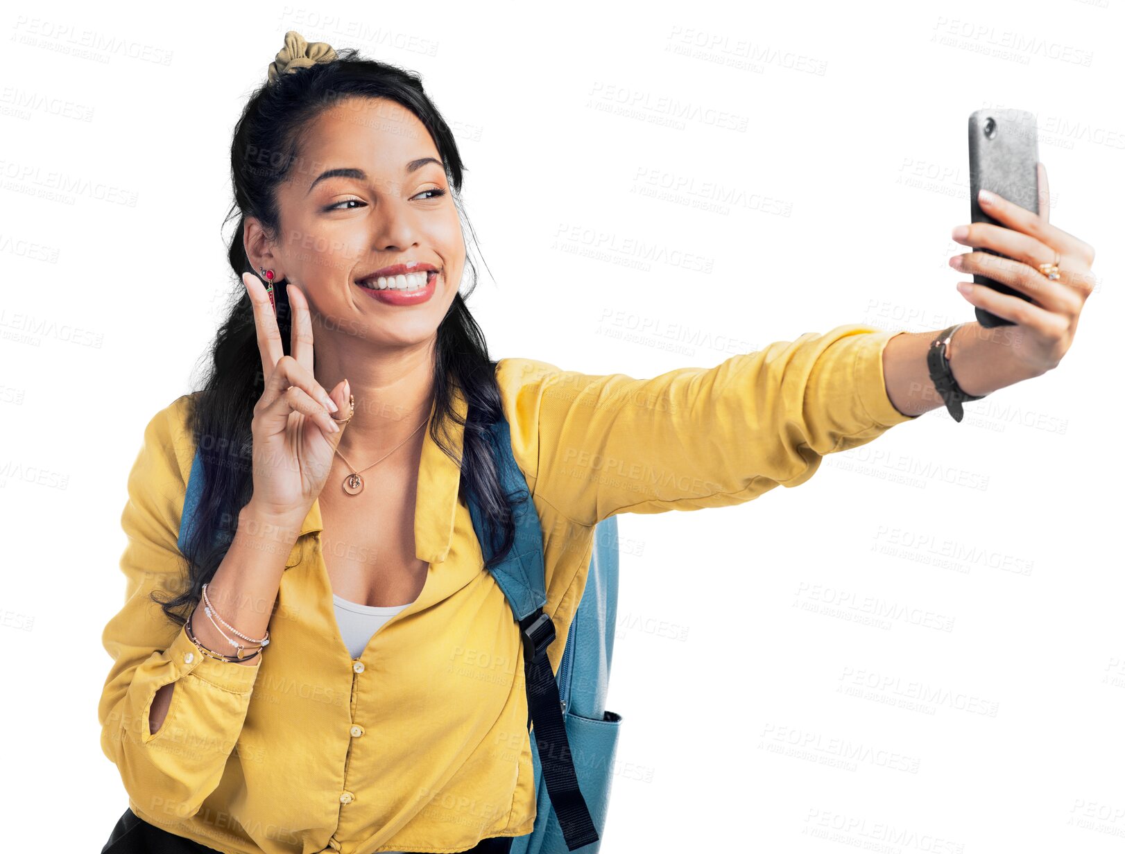 Buy stock photo Travel, peace sign or happy girl taking selfie on holiday, fun vacation or weekend trip with confidence. Photo, excited or woman taking pictures on an adventure isolated on transparent png background