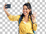 PNG of a Studio shot of a woman wearing a backpack and taking selfies against a white background