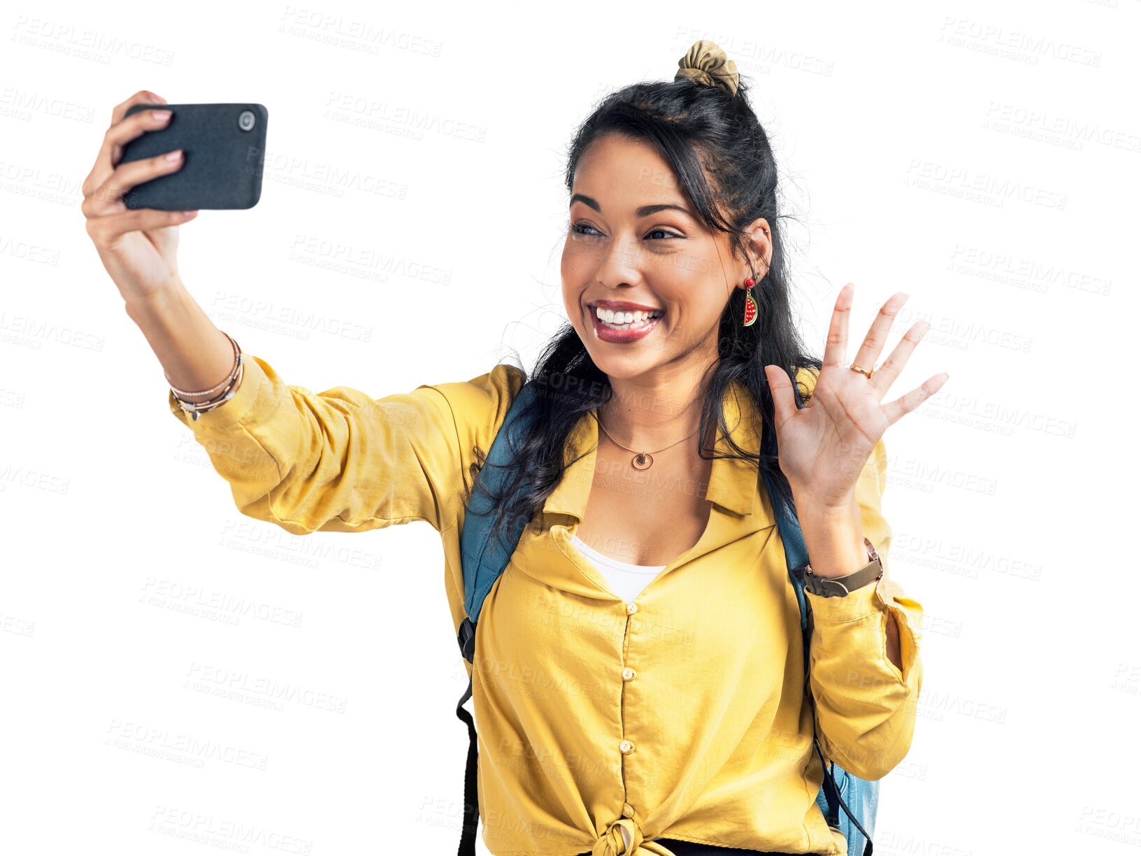 Buy stock photo Travel, hello or happy girl taking selfie on holiday, fun vacation or weekend greeting on social media. Photo pictures, wave or excited woman vlogging on trip isolated on transparent png background 