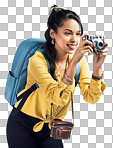 PNG Shot of a young woman wearing a backpack and taking pictures against a white background