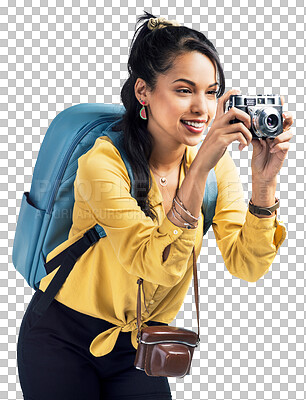 Buy stock photo Travel, photographer or happy woman with camera on holiday, vacation or weekend trip with bag. Photography, smile or excited girl tourist on tourism adventure isolated on transparent png background