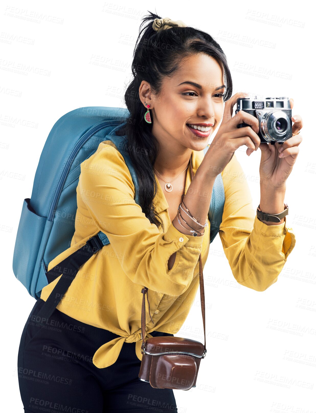 Buy stock photo Travel, photographer or happy woman with camera on holiday, vacation or weekend trip with bag. Photography, smile or excited girl tourist on tourism adventure isolated on transparent png background