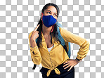 PNG studio shot of a woman pointing at her mask while standing against a white background